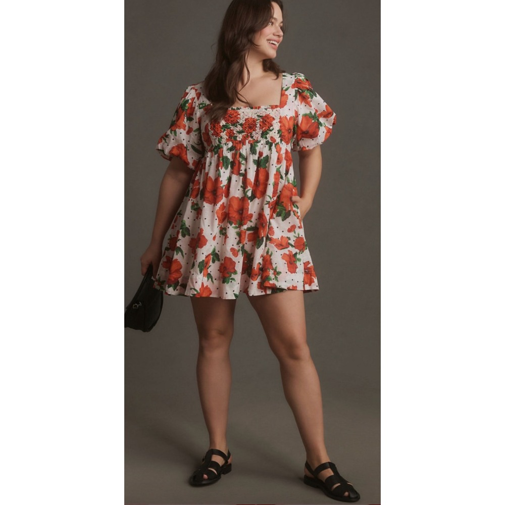 Maeve Square Smocked Babydoll Dress Red Poppy Floral Polka Dot Size M